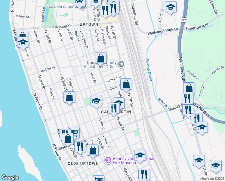 map of restaurants, bars, coffee shops, grocery stores, and more near 614 Emerald Street in Harrisburg