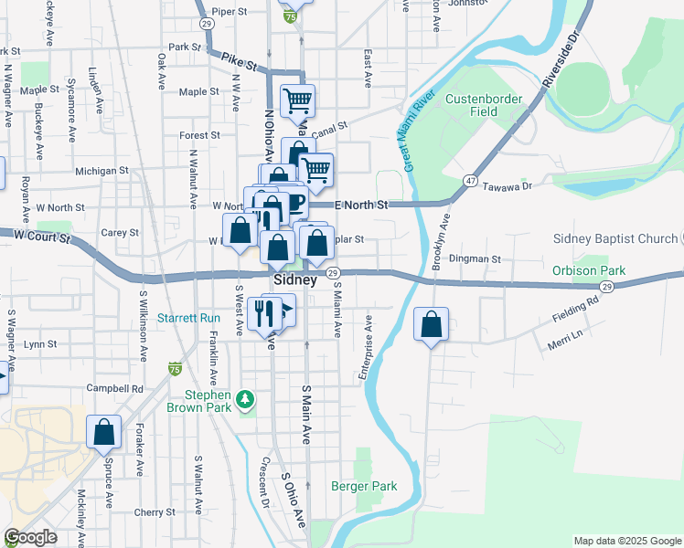 map of restaurants, bars, coffee shops, grocery stores, and more near 313 East Court Street in Sidney