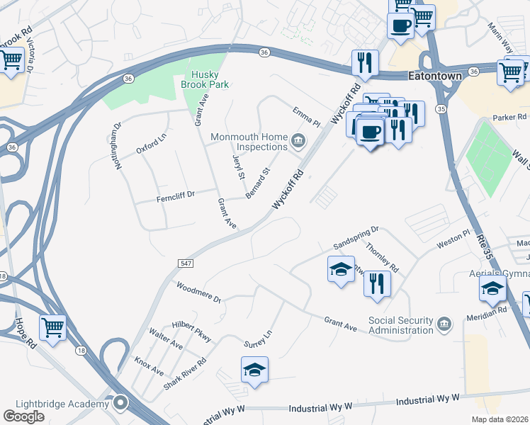 map of restaurants, bars, coffee shops, grocery stores, and more near 235 Wyckoff Road in Eatontown