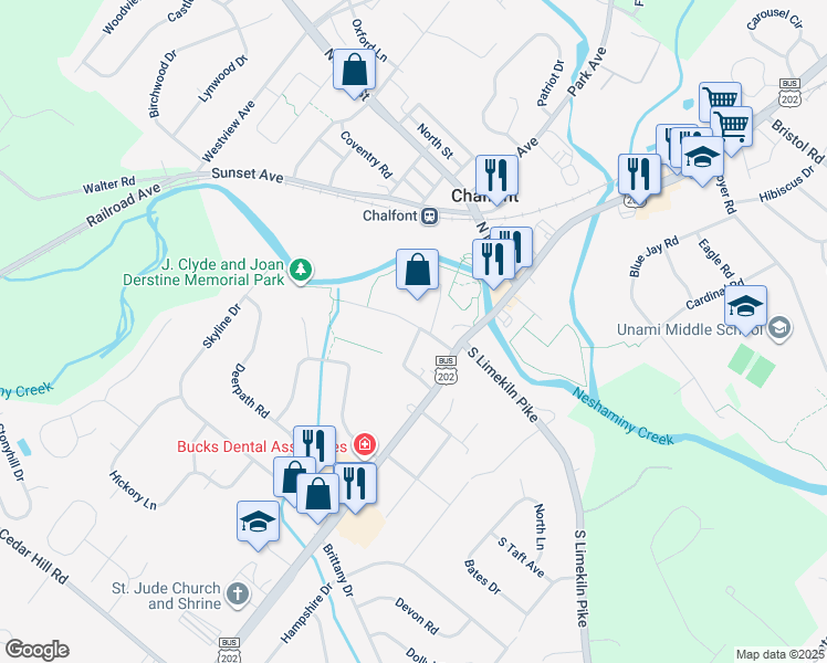 map of restaurants, bars, coffee shops, grocery stores, and more near 40 Oak Avenue in Chalfont