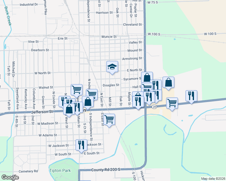 map of restaurants, bars, coffee shops, grocery stores, and more near 210 Mill Street in Tipton