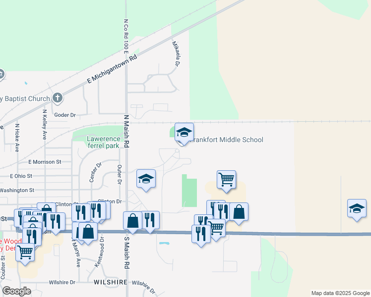 map of restaurants, bars, coffee shops, grocery stores, and more near 329 North Maish Road in Frankfort