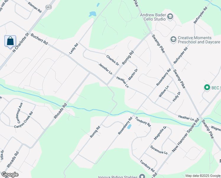 map of restaurants, bars, coffee shops, grocery stores, and more near 2494 Romig Road in Gilbertsville