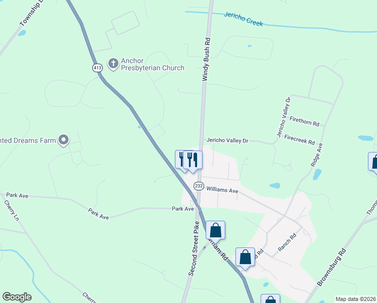 map of restaurants, bars, coffee shops, grocery stores, and more near 2634 Windy Bush Road in Newtown