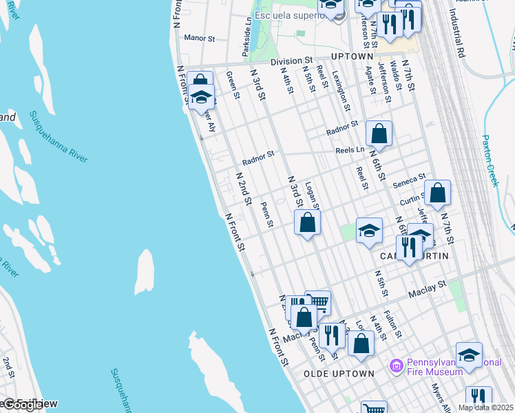 map of restaurants, bars, coffee shops, grocery stores, and more near 2439 North 2nd Street in Harrisburg