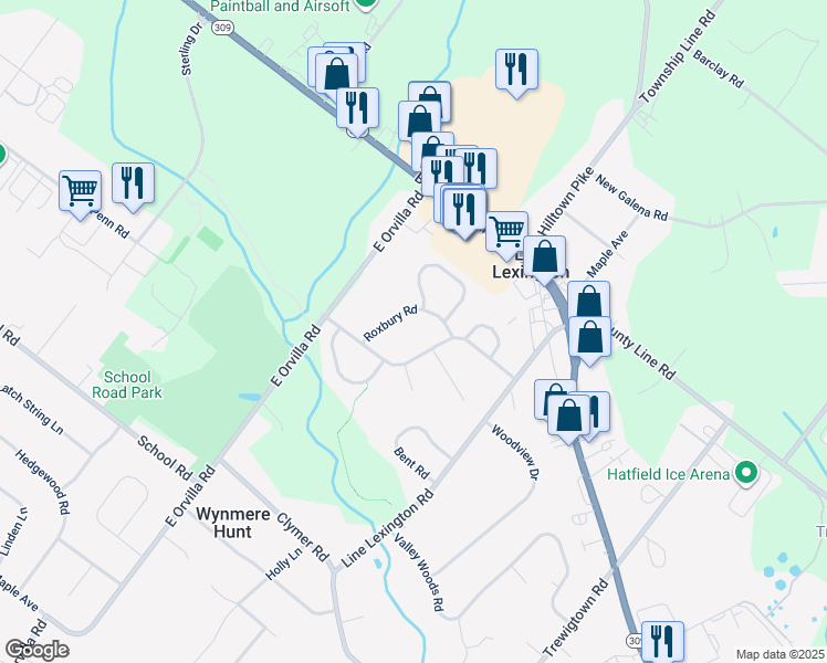 map of restaurants, bars, coffee shops, grocery stores, and more near 3277 Roxbury Rd in Hatfield