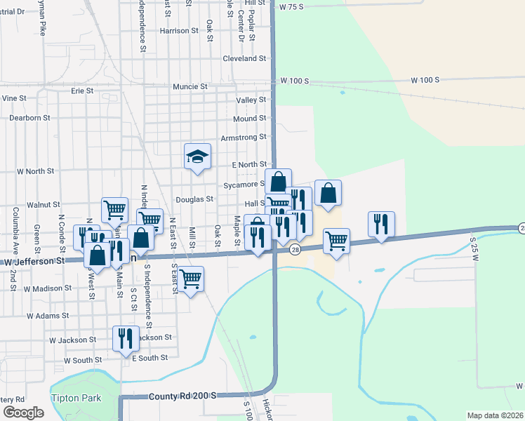 map of restaurants, bars, coffee shops, grocery stores, and more near 702 East Washington Street in Tipton