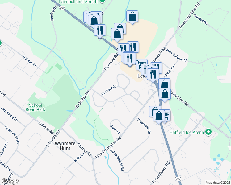 map of restaurants, bars, coffee shops, grocery stores, and more near 3277 Roxbury Rd in Hatfield
