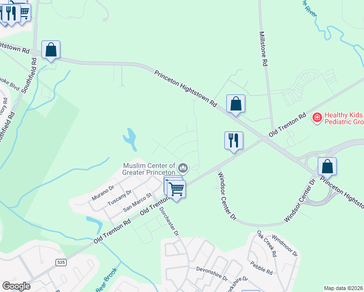 map of restaurants, bars, coffee shops, grocery stores, and more near 2030 Old Trenton Road in West Windsor Township
