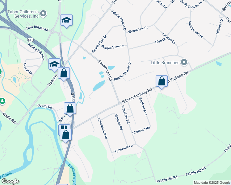 map of restaurants, bars, coffee shops, grocery stores, and more near 94 Sauerman Road in Doylestown