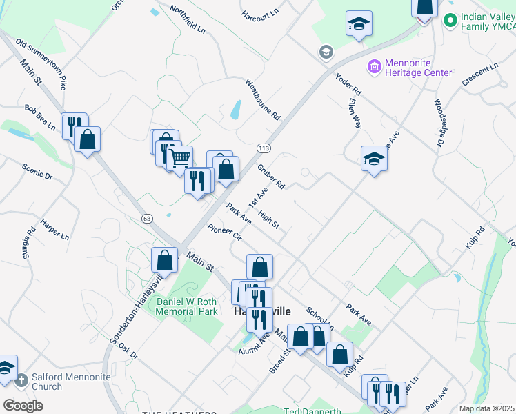 map of restaurants, bars, coffee shops, grocery stores, and more near 543 High Street in Harleysville