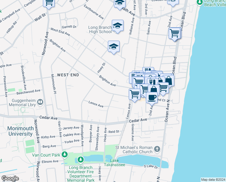 map of restaurants, bars, coffee shops, grocery stores, and more near 227 Hollywood Avenue in Long Branch