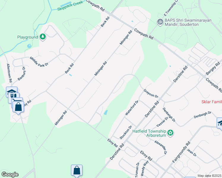 map of restaurants, bars, coffee shops, grocery stores, and more near 1054 Grayson Drive in Souderton
