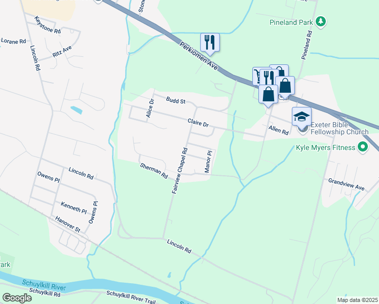 map of restaurants, bars, coffee shops, grocery stores, and more near 1258 Highview Place in Birdsboro