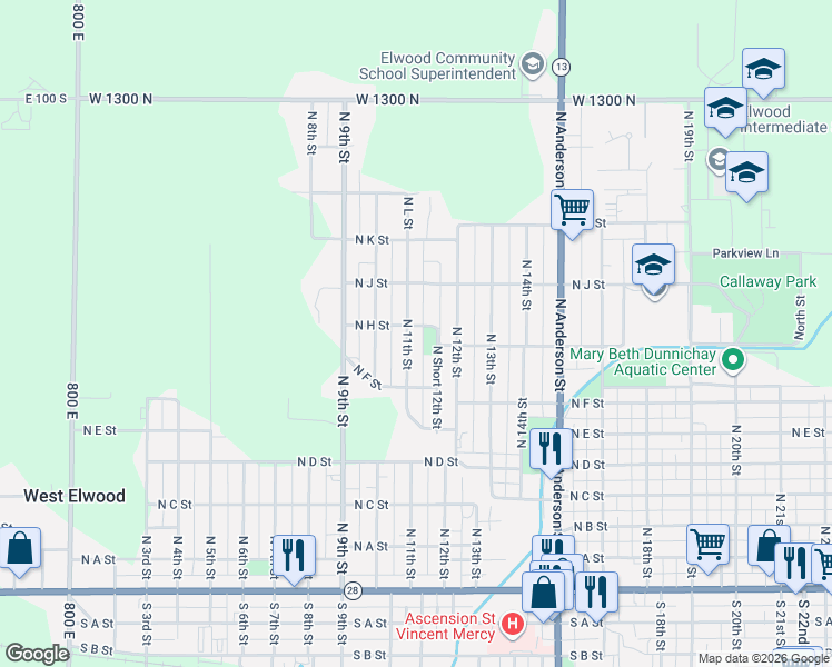 map of restaurants, bars, coffee shops, grocery stores, and more near 832 North 11th Street in Elwood