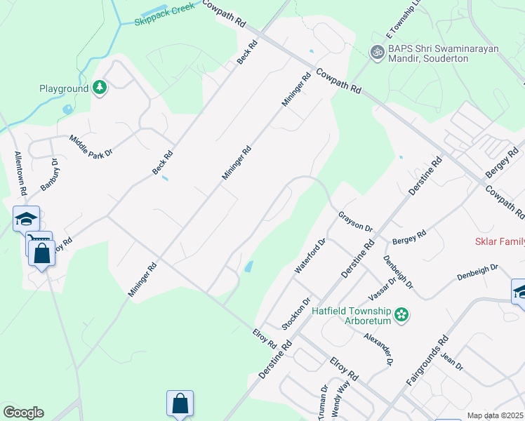 map of restaurants, bars, coffee shops, grocery stores, and more near 1054 Grayson Drive in Souderton