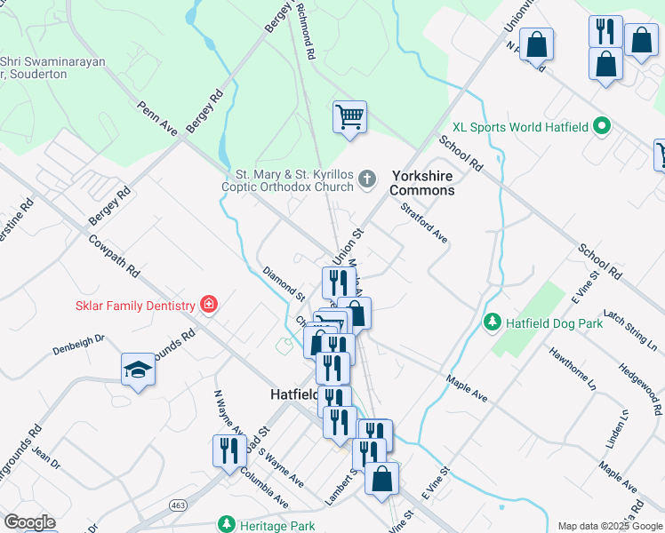 map of restaurants, bars, coffee shops, grocery stores, and more near 223 Union Street in Hatfield