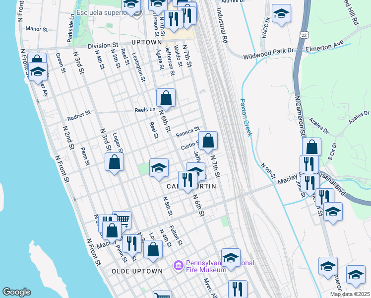 map of restaurants, bars, coffee shops, grocery stores, and more near 613 Curtin Street in Harrisburg