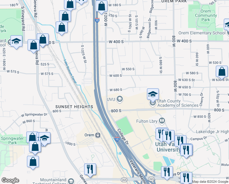 map of restaurants, bars, coffee shops, grocery stores, and more near 1153 W 680 S in Orem
