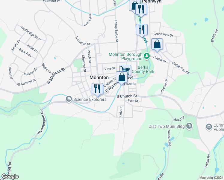 map of restaurants, bars, coffee shops, grocery stores, and more near 33 South Church Street in Mohnton