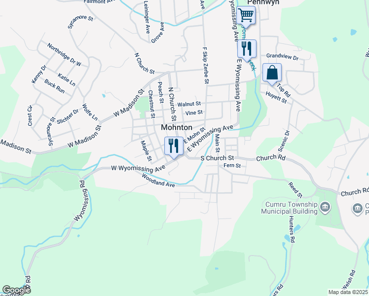 map of restaurants, bars, coffee shops, grocery stores, and more near 9 North Church Street in Mohnton