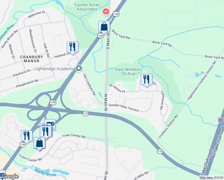 map of restaurants, bars, coffee shops, grocery stores, and more near 19 Thoreau Court in East Windsor
