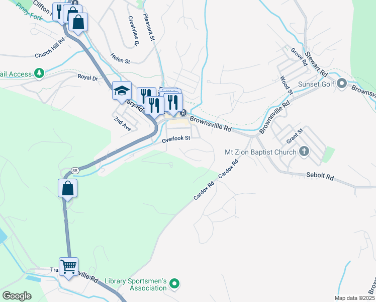 map of restaurants, bars, coffee shops, grocery stores, and more near 4085 Hill Street in South Park Township