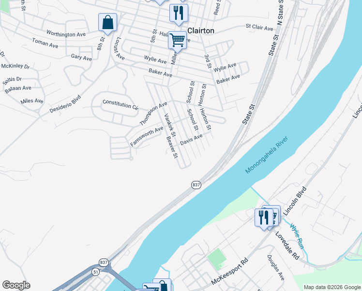 map of restaurants, bars, coffee shops, grocery stores, and more near 900 Vankirk Street in Clairton