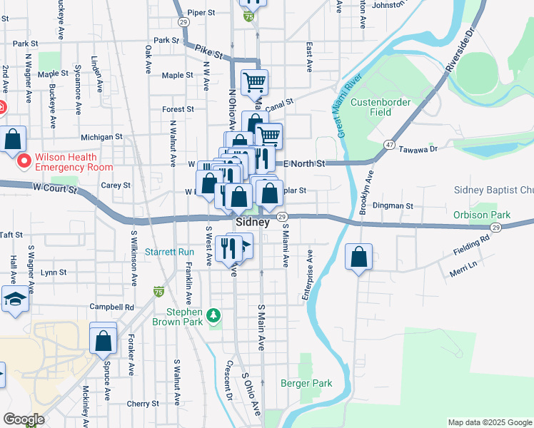 map of restaurants, bars, coffee shops, grocery stores, and more near 200-298 S Main Ave in Sidney