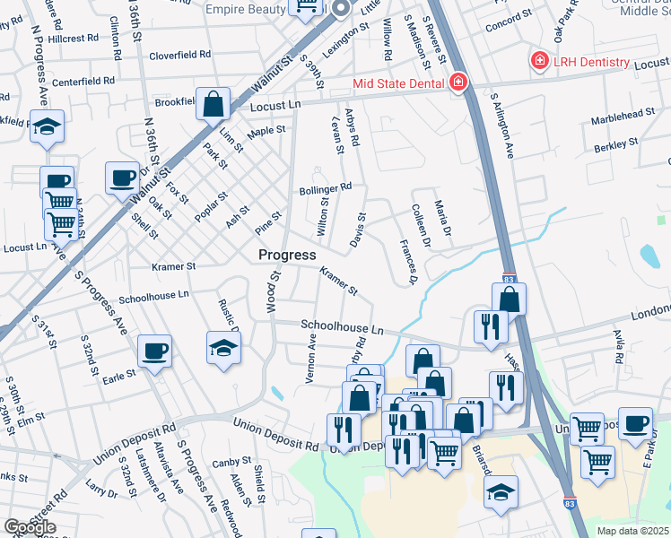 map of restaurants, bars, coffee shops, grocery stores, and more near 3800 Kramer Street in Harrisburg