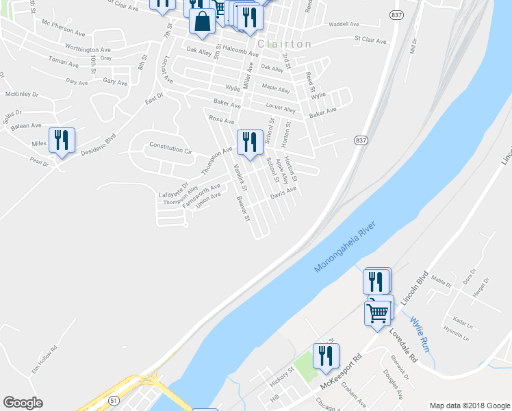 map of restaurants, bars, coffee shops, grocery stores, and more near 900 Vankirk Street in Clairton