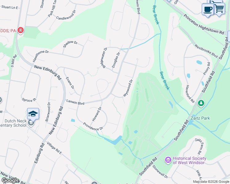 map of restaurants, bars, coffee shops, grocery stores, and more near 4 Wynwood Drive in West Windsor Township