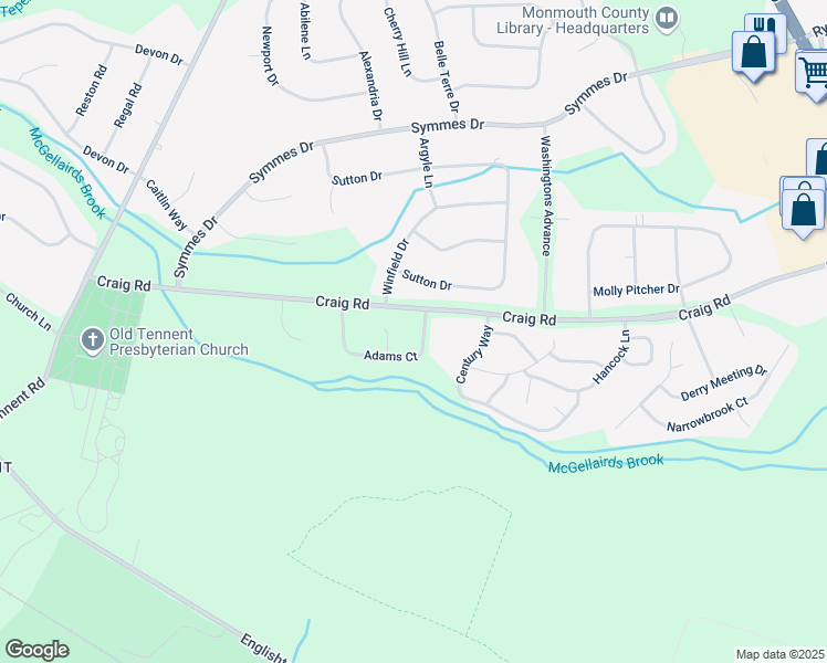 map of restaurants, bars, coffee shops, grocery stores, and more near 308 Adams Court in Manalapan Township