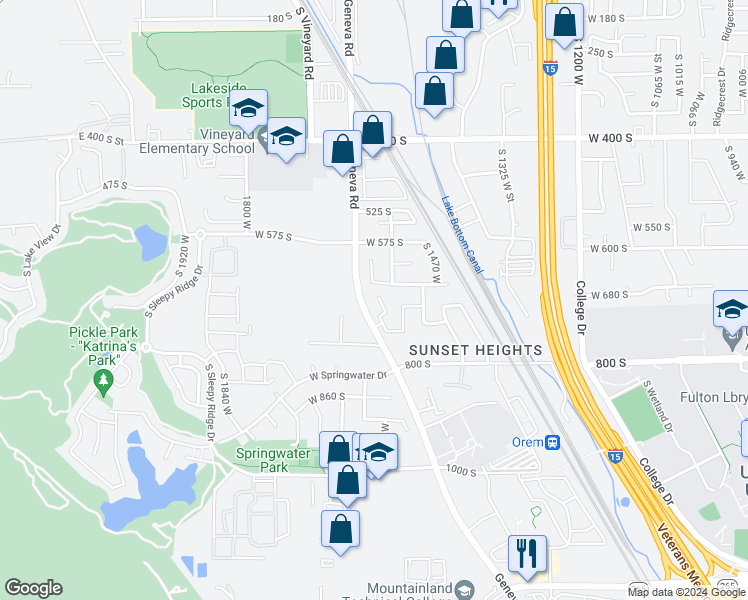 map of restaurants, bars, coffee shops, grocery stores, and more near 674 South 1545 West in Orem