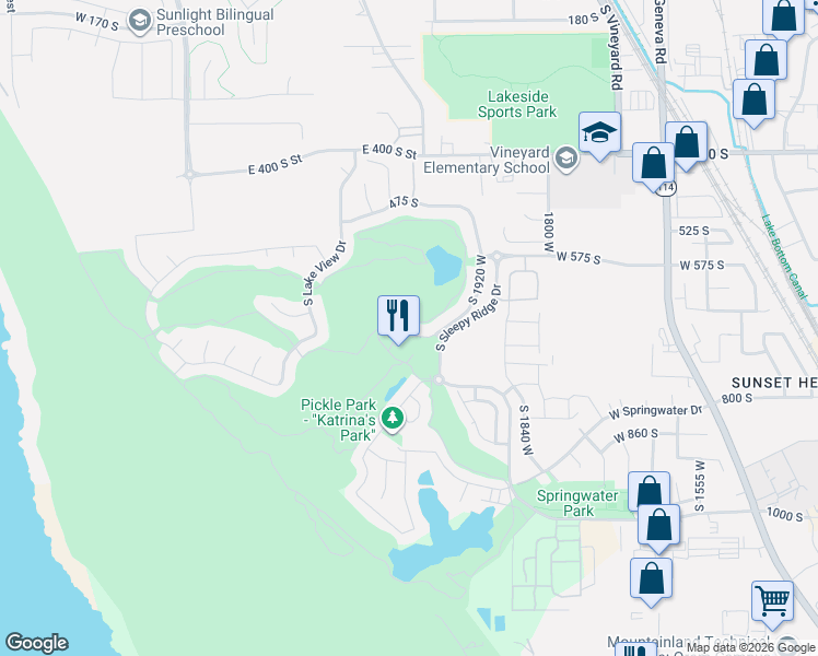 map of restaurants, bars, coffee shops, grocery stores, and more near 730 South Sleepy Ridge Drive in Orem