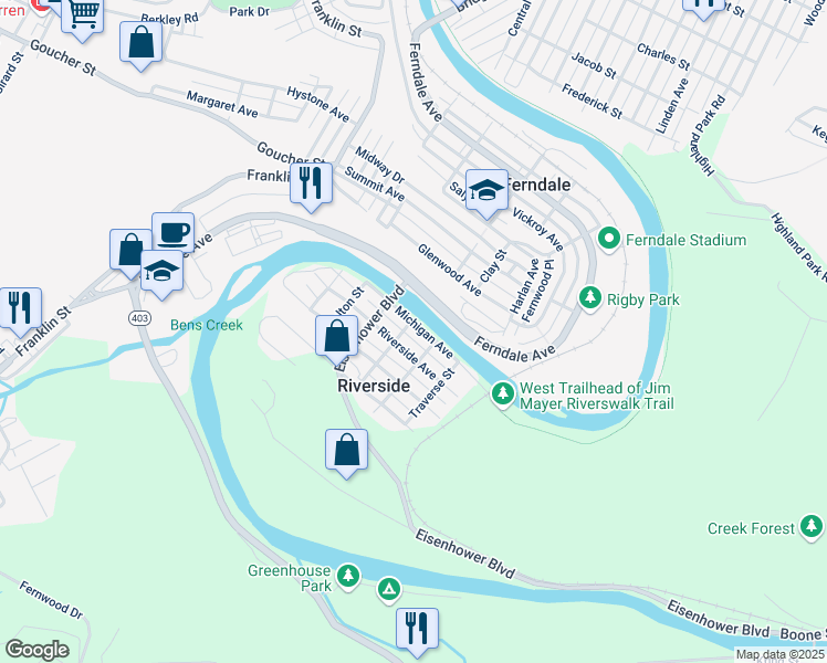 map of restaurants, bars, coffee shops, grocery stores, and more near 509 Riverside Avenue in Johnstown