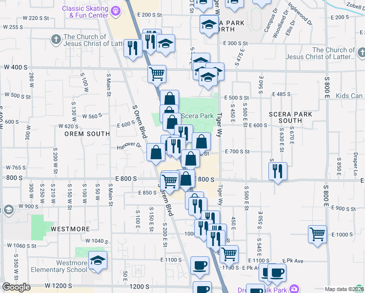 map of restaurants, bars, coffee shops, grocery stores, and more near 745 South State Street in Orem