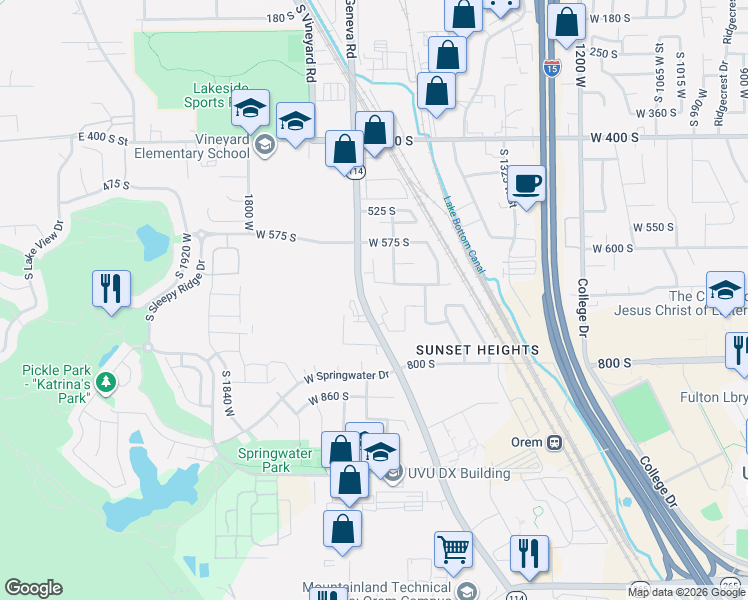 map of restaurants, bars, coffee shops, grocery stores, and more near 720 South Geneva Road in Orem