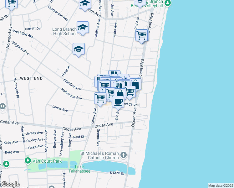 map of restaurants, bars, coffee shops, grocery stores, and more near 110c Brighton Avenue in Long Branch