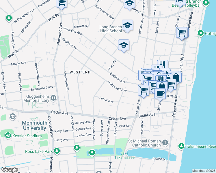 map of restaurants, bars, coffee shops, grocery stores, and more near 603 Woodgate Avenue in Long Branch
