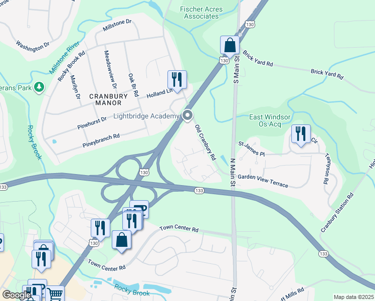 map of restaurants, bars, coffee shops, grocery stores, and more near 9 Montgomery Court in East Windsor