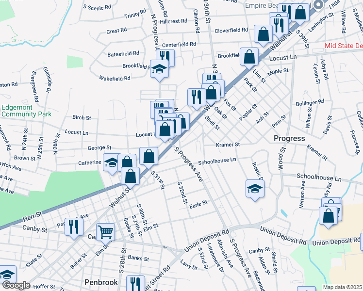 map of restaurants, bars, coffee shops, grocery stores, and more near 160S South Progress Avenue in Harrisburg