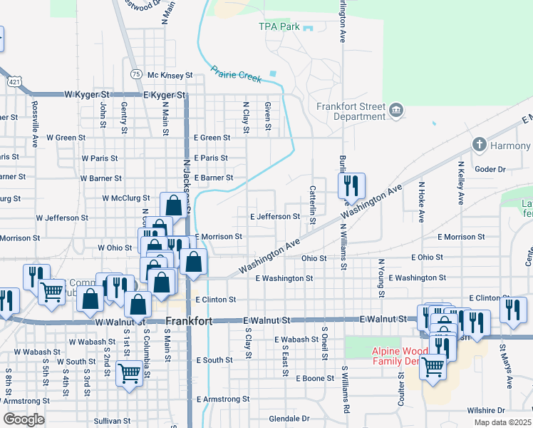 map of restaurants, bars, coffee shops, grocery stores, and more near 552 E Morrison St in Frankfort