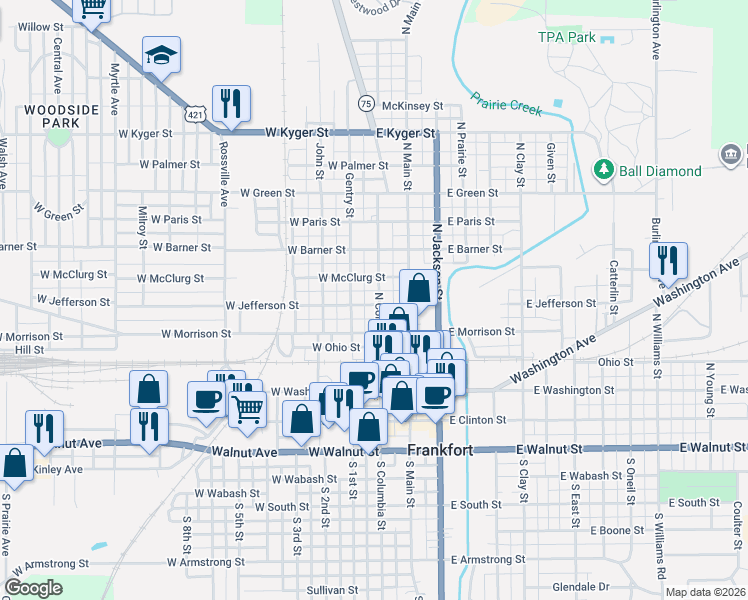 map of restaurants, bars, coffee shops, grocery stores, and more near 453 Gentry Street in Frankfort