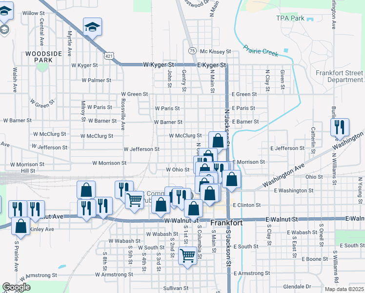 map of restaurants, bars, coffee shops, grocery stores, and more near 453 Gentry Street in Frankfort