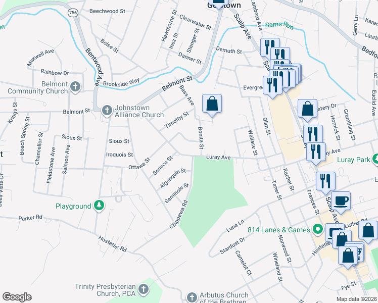 map of restaurants, bars, coffee shops, grocery stores, and more near 901-959 Chippewa Rd in Johnstown