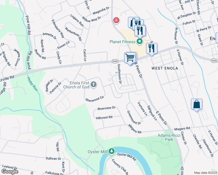 map of restaurants, bars, coffee shops, grocery stores, and more near 5 Johns Drive in Enola