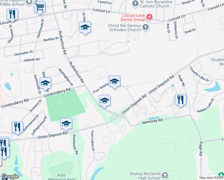 map of restaurants, bars, coffee shops, grocery stores, and more near 626 Rutherford Road in Harrisburg