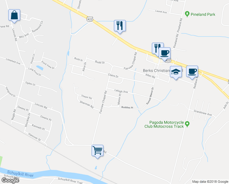 map of restaurants, bars, coffee shops, grocery stores, and more near 1254 Lehigh Avenue in Birdsboro