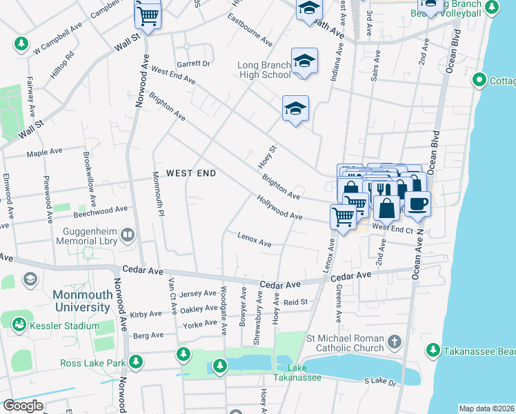 map of restaurants, bars, coffee shops, grocery stores, and more near 603 Woodgate Avenue in Long Branch